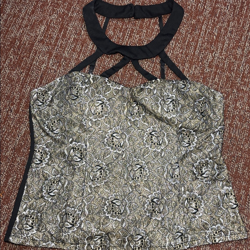 Vintage damask metallic high neck cage neck zipper back bustier going out top - Picture 2 of 14